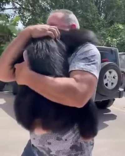 Chimp being reunited with the people that rescued him