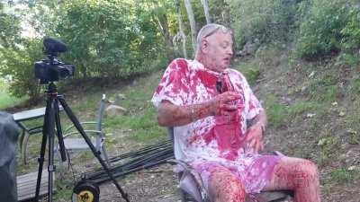 Anomaly pissing on his dad..... It is probably not great that his pee is red