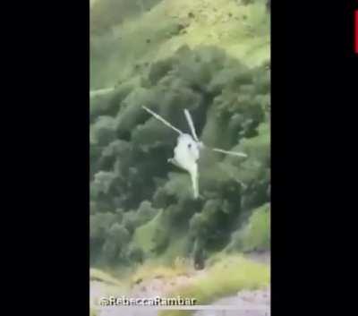 A Georgian police helo crashed during a rescue operation. Obviously a maintenance issue since you can see the tail rotor getting ejected. 8 or 9 people lost their life in the incident. Rip