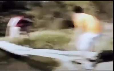 Dumb swamp enjoyer barbarian cameraman gets thrown to the river by roman guards.