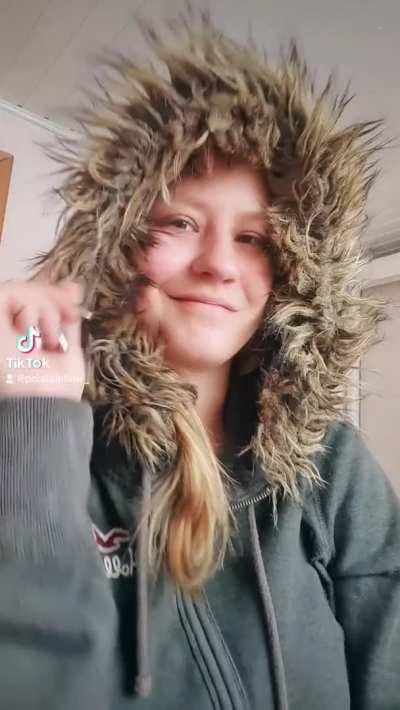 Would you expect something so big and juicy to be hidden under that coarse sweatshirt with a hairy hood?