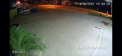 Head-on motorcycle collision ends in a fiery conflagration. I don’t know how the victims are.