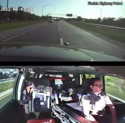 Florida trooper crashes her car into an oncoming vehicle to prevent the car from driving into a 10K race after the driver drove through multiple barricades