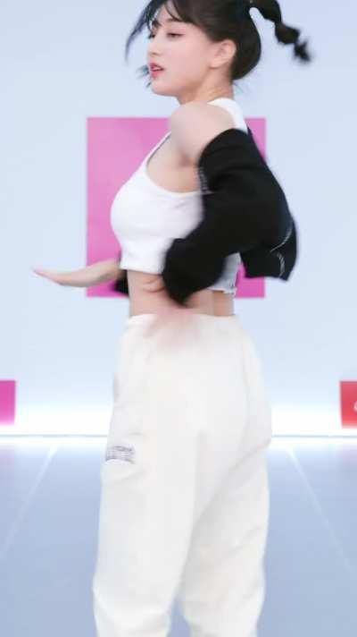 Jihyo - pigtails, white sweat pants, top, black sweater sleeves, The Feels Unit Dancing Game