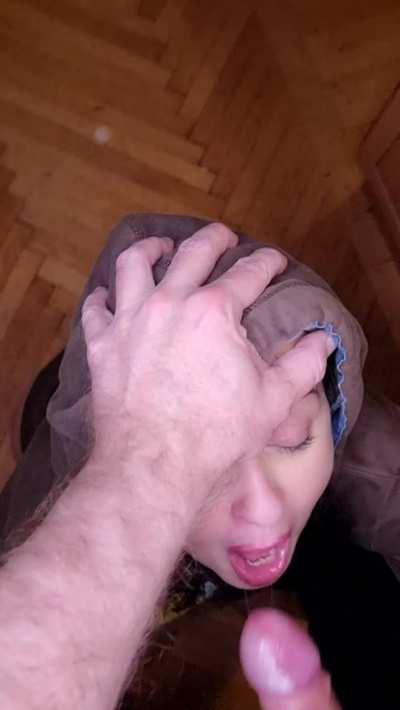 When she's raiding the fridge at night. GF gets facefucked & titty-slapped [OC]