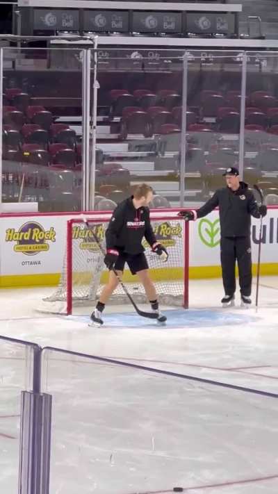 Linus Ullmark testing out a new blade profile (sans the rest of his gear)