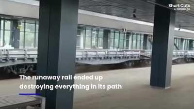 Train carrying steel beams wreaks havoc as it passed through a Moscow railway station