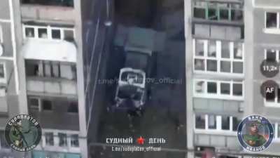 Russian drones searching up and destroying Ukrainian military trucks parked among multistorey buildings in Pokrovsk.