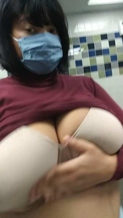 Risky public flash in the movie theater bathroom 😈