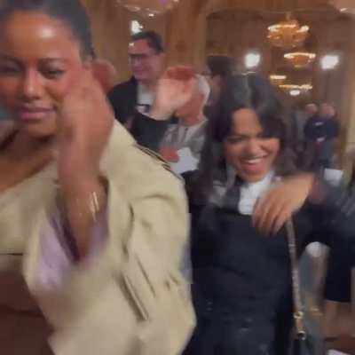 Rachel dancing with Taylour Paige-Angulo at the Thom Browne Show | via IG 10/7/25