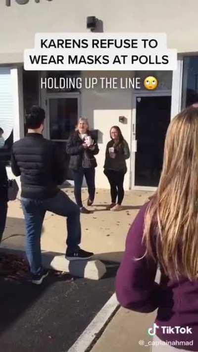 Anti mask Karens holding up the voting line in DuPage County, IL.
