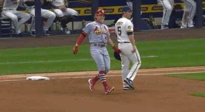 Harrison Bader coppin' a feel on former teammate, Jedd Gyorko after a single