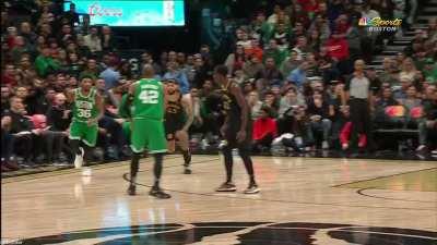 [Highlight] Marcus Smart with a right leg injury goes down hard on his own, helped off the court on his feet slowly