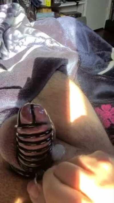 Vibrating anal beads + chastity cage = heaven