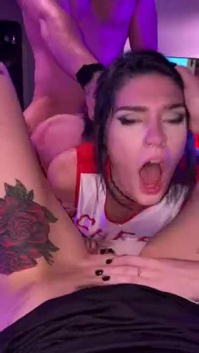 Pounding our cheerleader friend