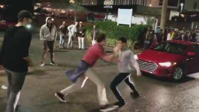 Frat boy messes with Asian dude, gets knocked the fuck out