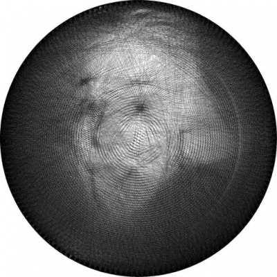 String art portrait of Albert Einstein, generated by straight lines between pins arranged in a circle. At each frame I added a pin and ran the same algorithm, up to 256 pins.