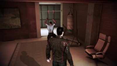 Here is a fun glitch I experienced in ME3 Citadel DLC. James is break dance fighting.