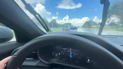 This guy was driving too fast for wet road conditions and hydroplaned in the intersection in front of me. Spun out and hit the median. On the way back I was gonna stop to see if he needed help. Looks like he left the scene [oc]