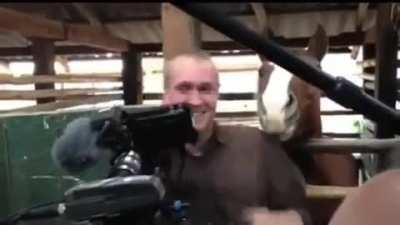 Instead of shooing the horse away, they decided to keep filming!
