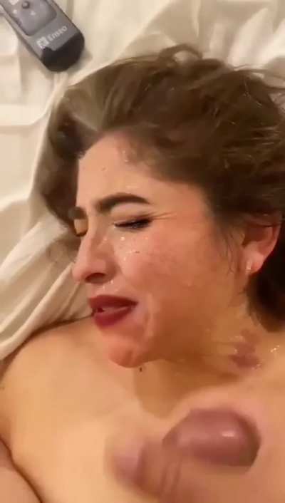 MILF on bed can barely tolerate his facial (source in comments)