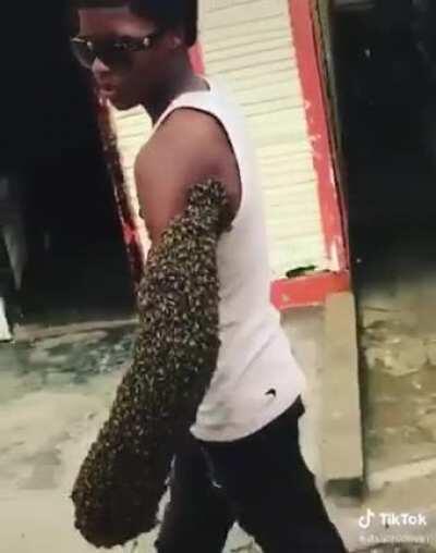 Guy transports a bees colony by carrying the queen is his fist (xpost from NFL)