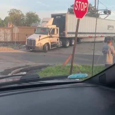 Train collides with semi trailer in Indianapolis captured on Citizen (9-30-2021)