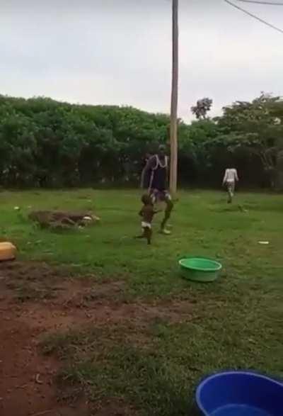 This pos hits a child who was just running past him.