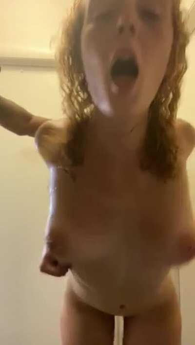 Cute white girl takes black dick from behind