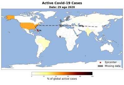 [OC] Geographic epicenter of the Covid-19 pandemic based on the concentration of active cases