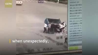 Three wheeler does donuts and runs over rider after crash