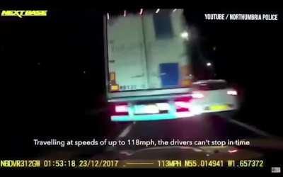 Mini Cooper hits a truck at 118 mph. 