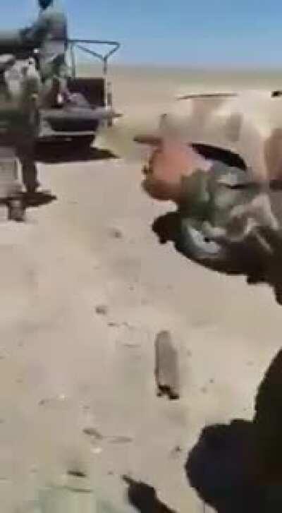 Footage shows Russian Major General Vyacheslav Gladkikh killed in Dez al-zor Syria moments before an (obvious?) mine/IED planted blew up as he approached it. Looks like he was inspecting the site of a previous IS attack.