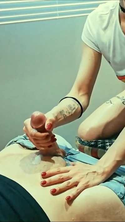 Making her man cum five times in the last ten minutes of a half-hour handjob session