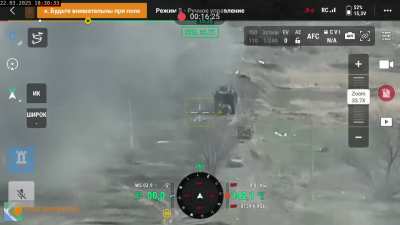 Archival drone footage of a Ukrainian MaxxPro armored vehicle evacuating 2 wounded soldiers from the settlement of Solone near Pokrovsk under heavy Russian FPV and artillery fire, March 2025