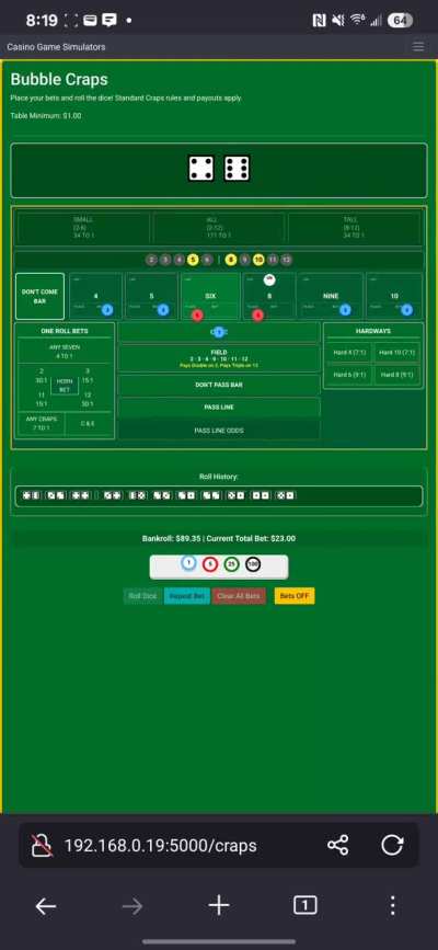 I'm teaching myself web development and decided to make a (Bubble) Craps simulator as my first big project. Still working on some UI enhancements, but I'm excited with the results so far after the first week