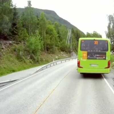 Truck's emergency brakes and his reaction is fucking insane