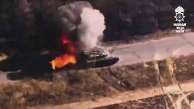 Ukrainian kamikaze drone against Russian tank T-90 