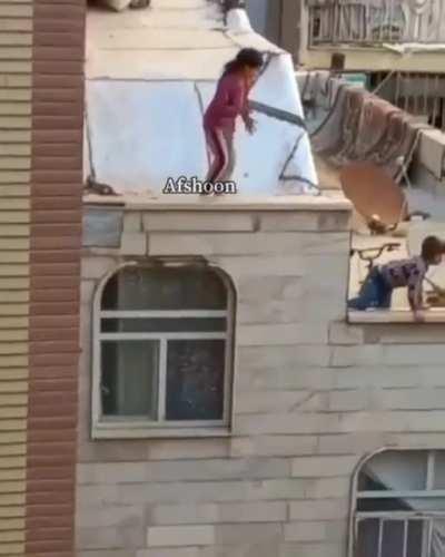Kids playing on the edge of the rooftop