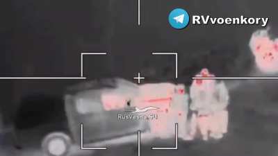 Ru Pov: Lancet loitering munition strike on a Ukrainian truck with soldiers standing near it in the Kursk Region