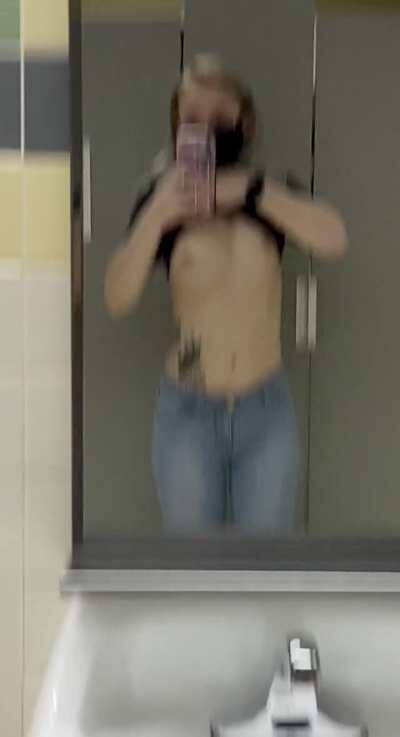 Flashing my tits in my college bathroom [OC]