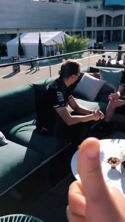 Bottas being funny to a Merc employee: