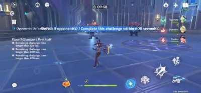 My MONA's 1M damage in Spiral Abyss floor 7. MONA's using 2WT+2NO with R3 Widsith triggering Aria and has 276% CD, her burst is crowned. SUCROSE uses Lv80 Sac Frag and 4VV with 905 total EM. BENNETT uses Lv90 Aquila with 4Instructor and crowned burst (865