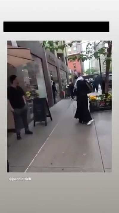 At an anti-genocide protest in NYC, a pro-Irseal woman is seen projecting the Irseal flag on her iPad. Later, an associate of hers pushes a Muslim woman, then she herself mocks the woman's religious clothing.