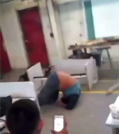 Stomp on this chair which is on a desk