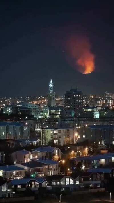 Volcanic Eruption visible at night outside Iceland's capital