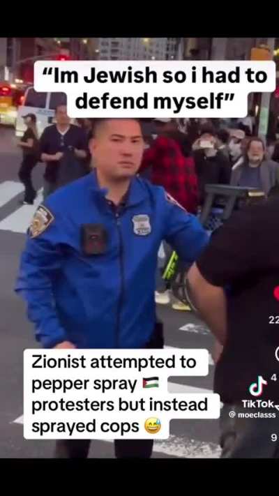 Pro-genocide supporter tries to pepper spray protesters, ends up spraying cops instead.. proceeds to victimize himself anyway.