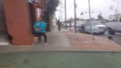 Dude just wanted to go to work, crazy lady blocking his car (LA)