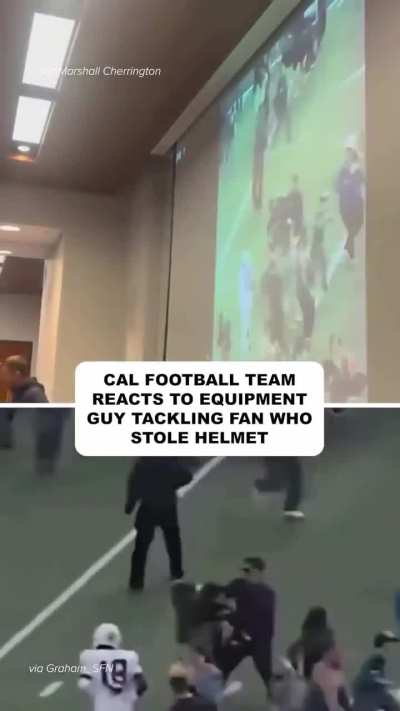 A football team cheering for their equipment manager after he tackles a fan who stole a helmet.