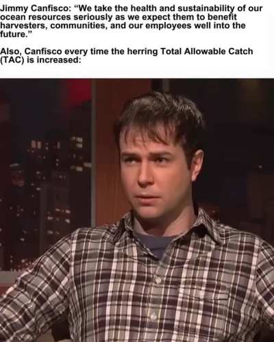Jimmy, say what? We all know he's talking out the side of his mouth. Corporate control of licenses and quota has led to overfishing and pushed community-based owner-operators to the brink.